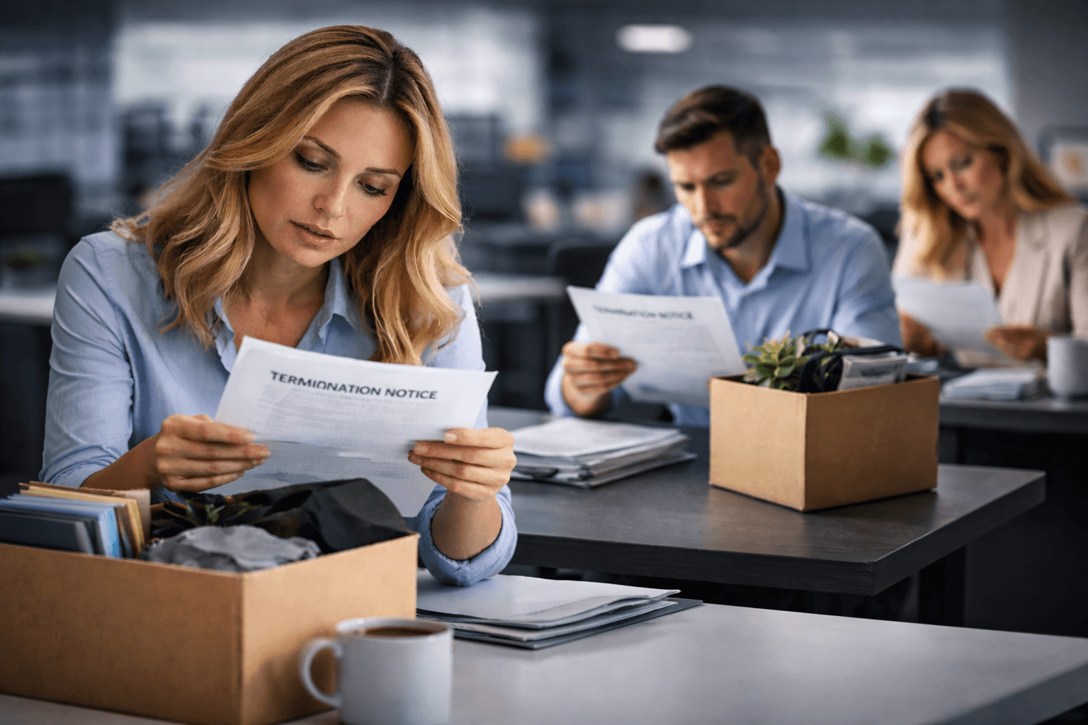 Employee reviewing documents after job termination
