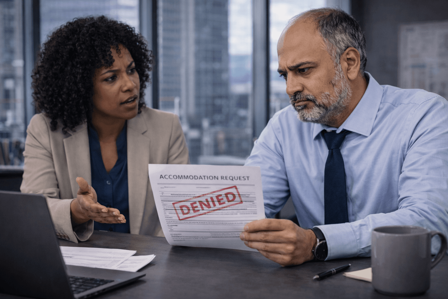 Employee discussing a denied workplace accommodation request