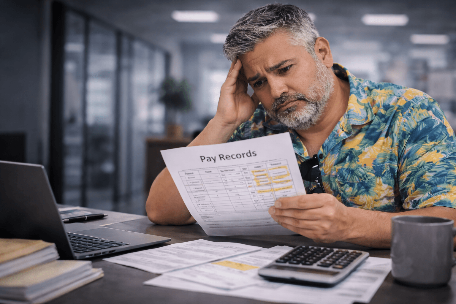 Employee reviewing pay records and missing wages